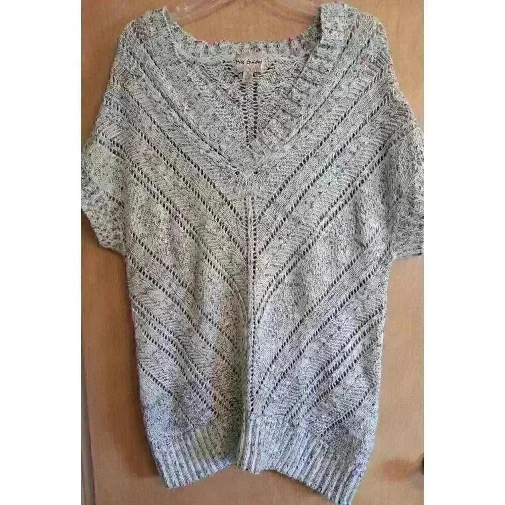Miss Guided Womens XL Sweater Gray Knitted Short Sleeve V Neck‎ Pullover